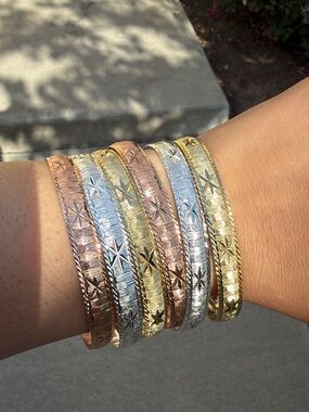3 Tone Luxury Bangle Set | Gold, Silver, Rose Gold Stackable Bracelets
